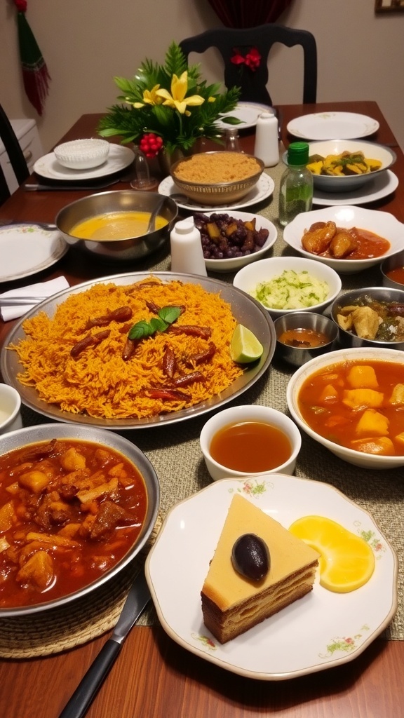 A festive Kerala Christmas dinner spread with biryani, beef stew, plum cake, and payasam.